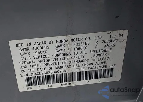 2005 Acura Tsx из США, поврежденный, VIN JH4CL968X5C002381